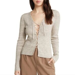 Open Edit Brown Ivory Spacedye Lace Up Top Size XL